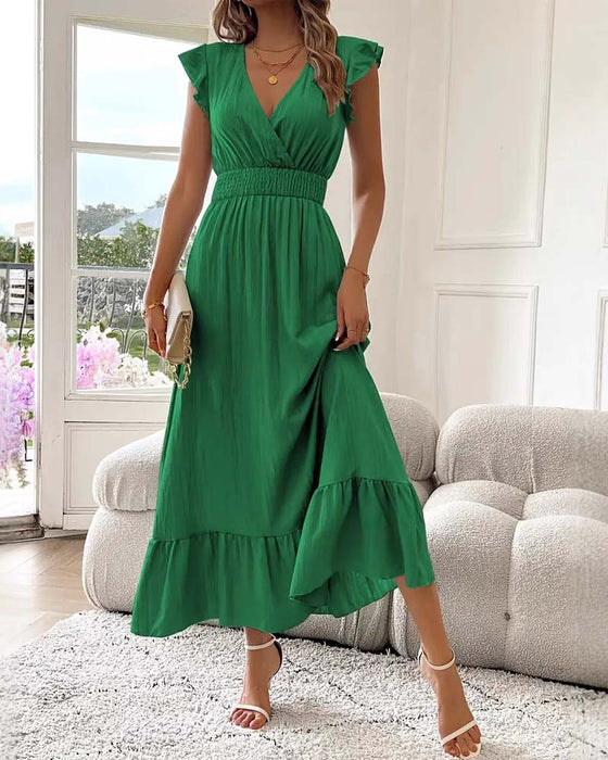 V-Neck Solid Color Waist Slim Dress