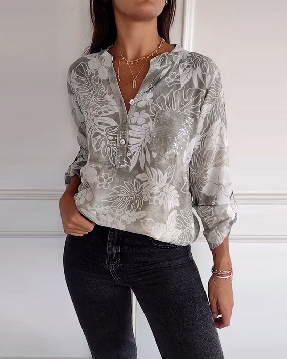 Patchwork sequined leaf print top