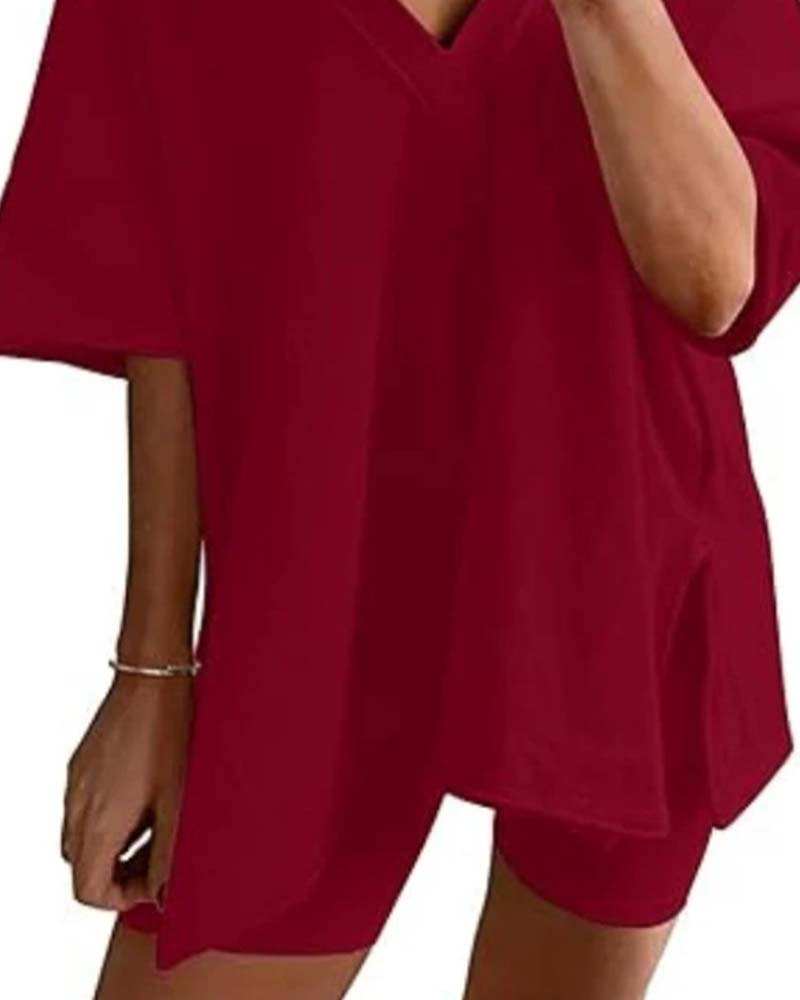 Solid Color V-Neck Sportswear Two-Piece Set