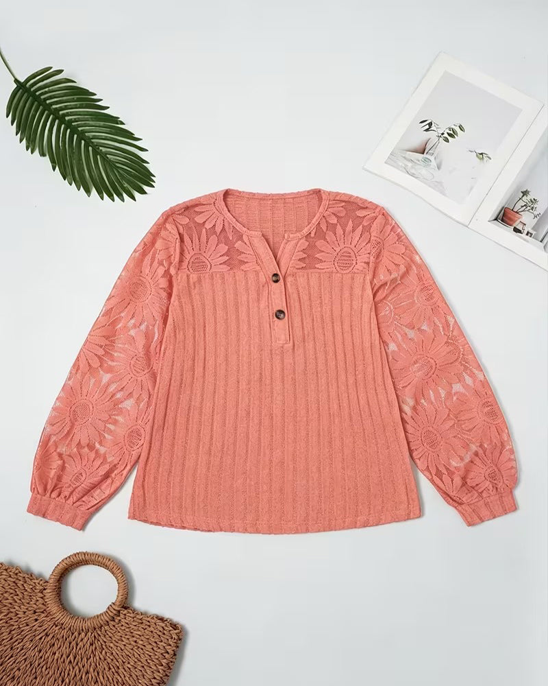 V-Neck Ribbed Lace Button Long-Sleeved Top