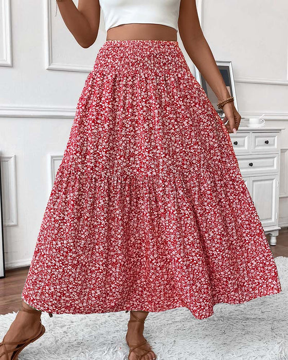 Layered Tiny Flower Print A-Line Long Skirt