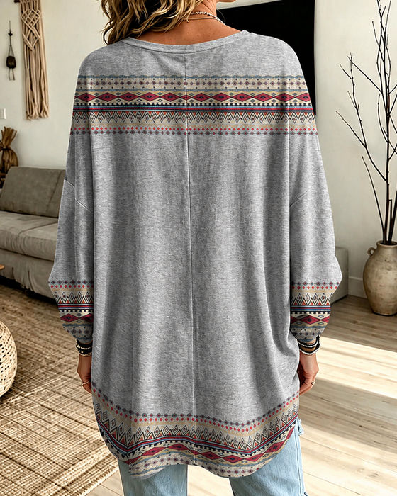 V-Neck Printed Contrasting Long-Sleeved Loose Top