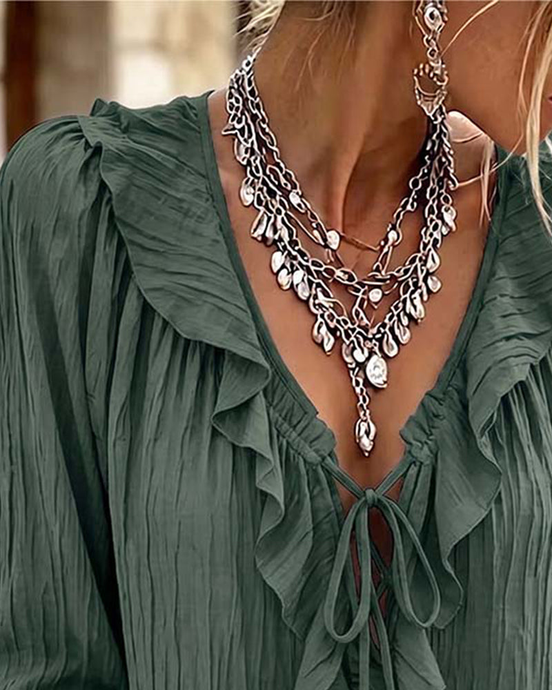 Ruffle Trim Lace-Up Long Sleeve Blouse