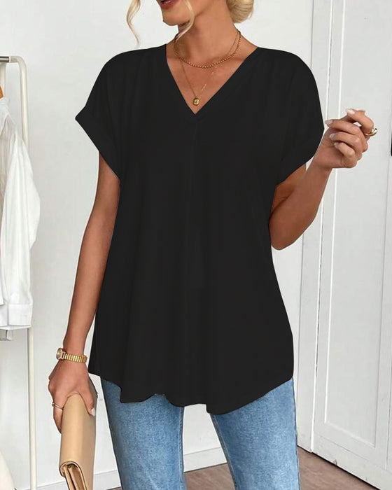Short-Sleeved Solid Color Patchwork T-Shirt