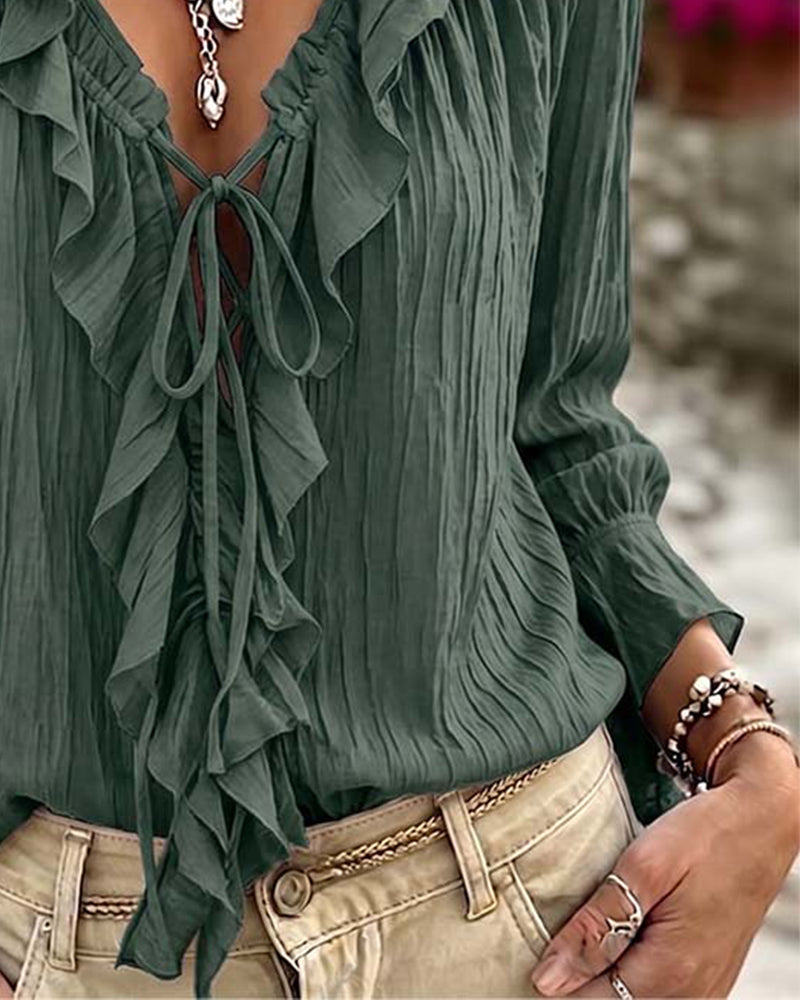 Ruffle Trim Lace-Up Long Sleeve Blouse