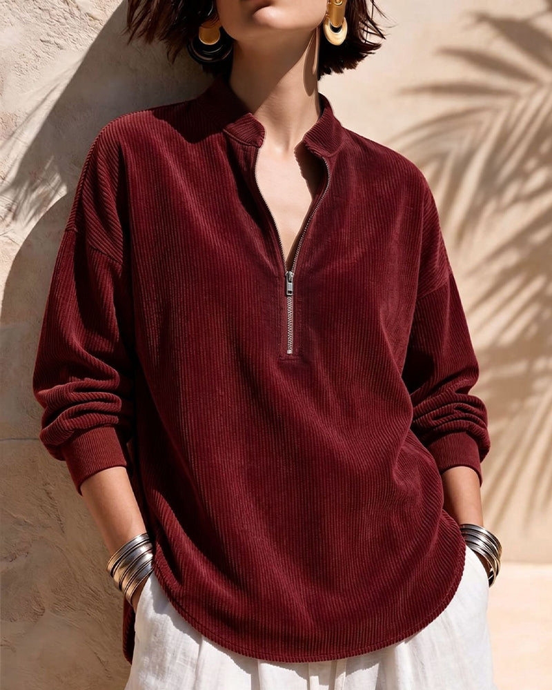Zip Stand Collar Corduroy Blouse