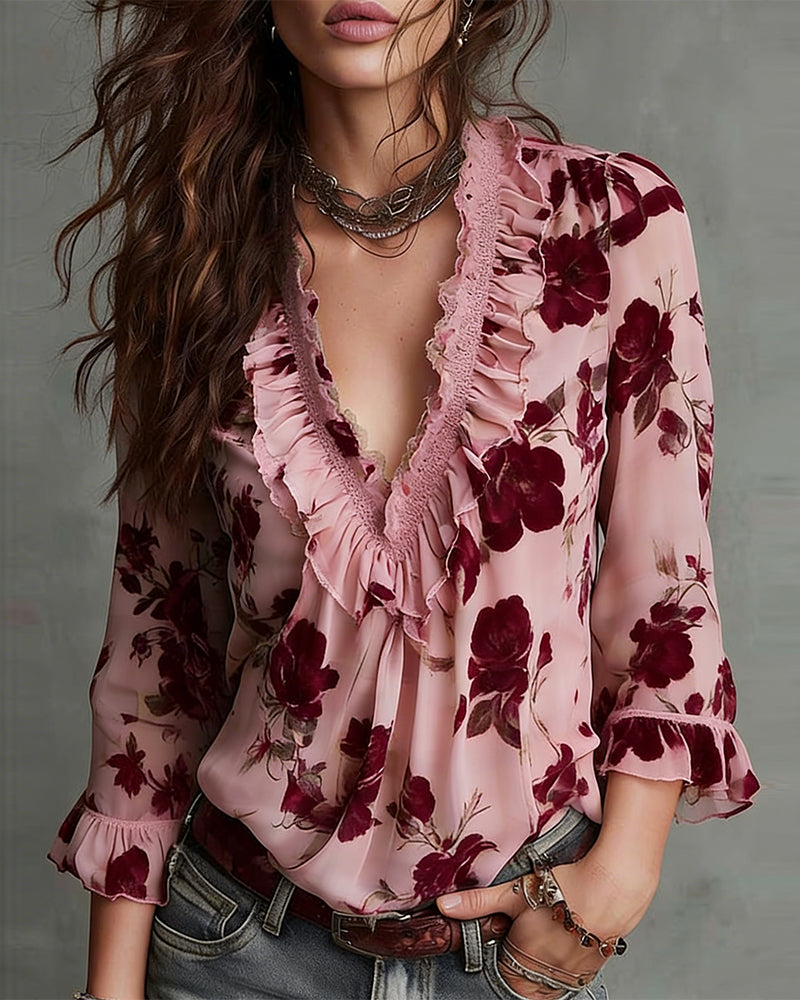 Ruffle V-Neck Rose Print Blouse