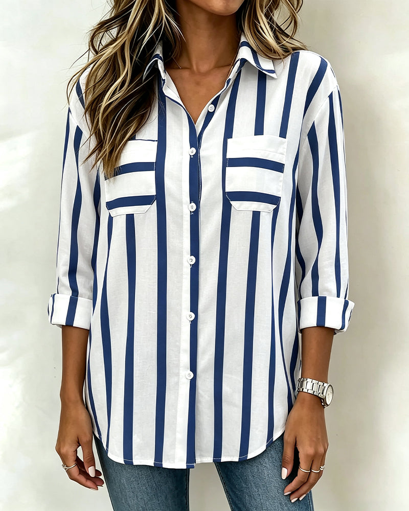 Lapel Striped Button-Down Blouse