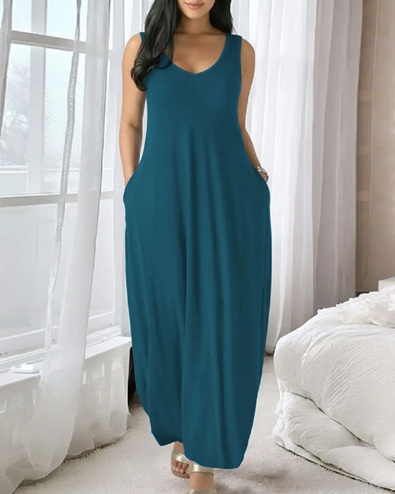 V-Neck Pocket Loose Tank Long Dress