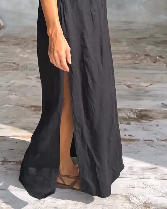Shirt Collar Button Front Slit Solid Color Dress