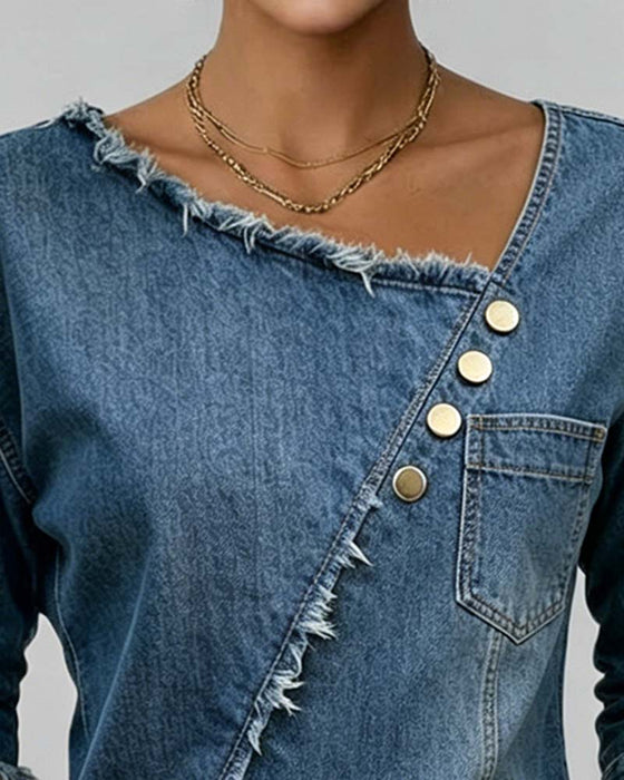Denim Slant Collar Long Sleeve Blouse