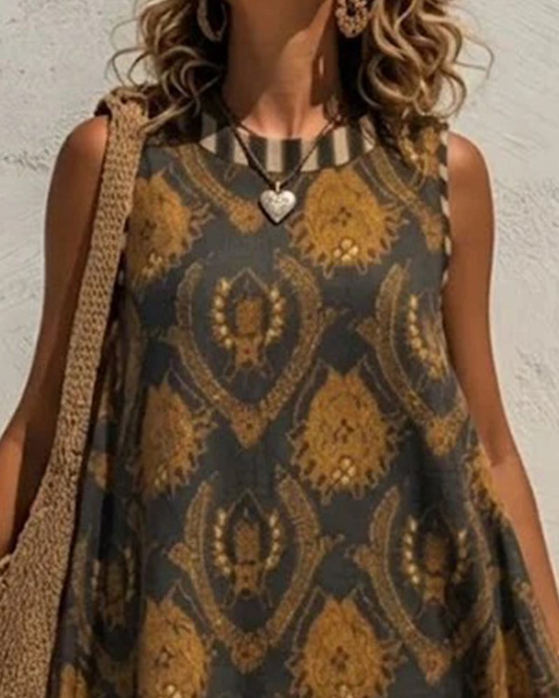 Emblem Print Striped Sleeveless Dress