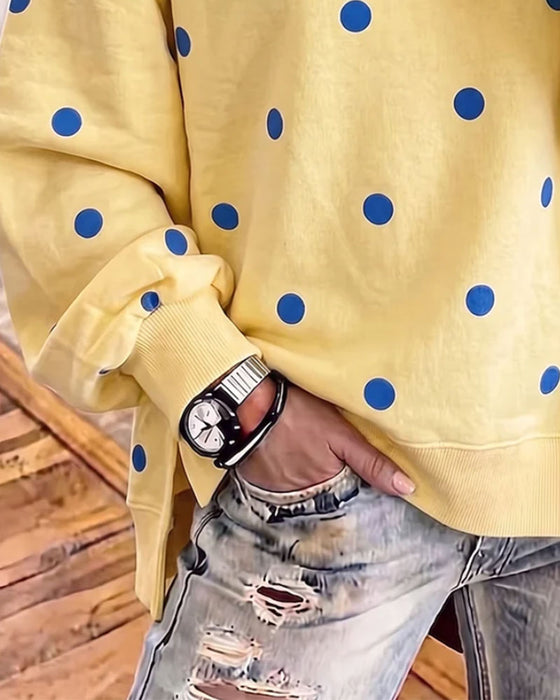 Crewneck Polka Dot Slit Drop Shoulder Asymmetric Sweatshirt