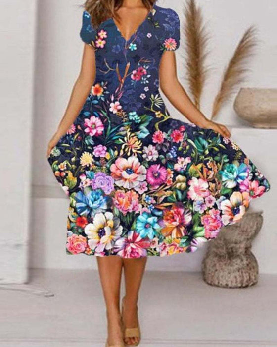 Short-Sleeved V-Neck Floral Dress