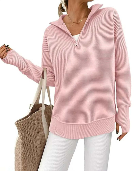 Collared Zipper Striped Long-Sleeve Sweatshirt