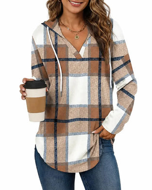 Plaid Hooded Drawstring Blouse