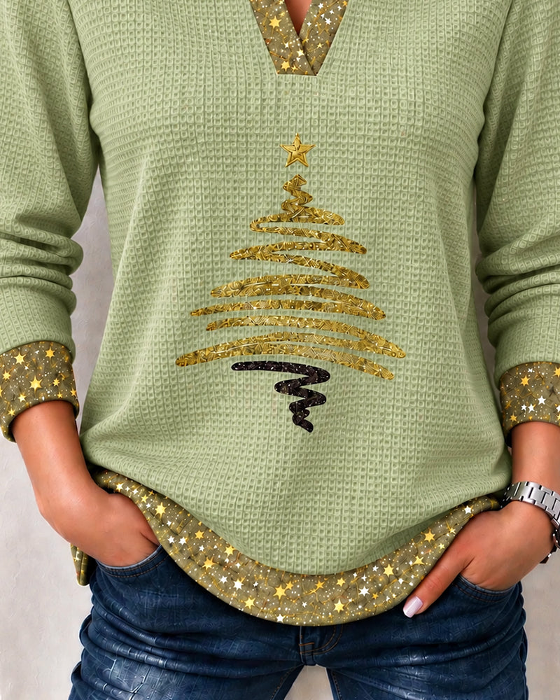 Collared V-neck Waffle Long Sleeve Top