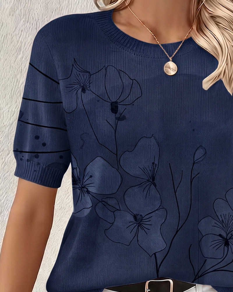 Printed Short-Sleeve Knitted Jumper