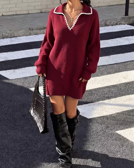 Lapel Contrast Lantern Sleeve Sweater Dress