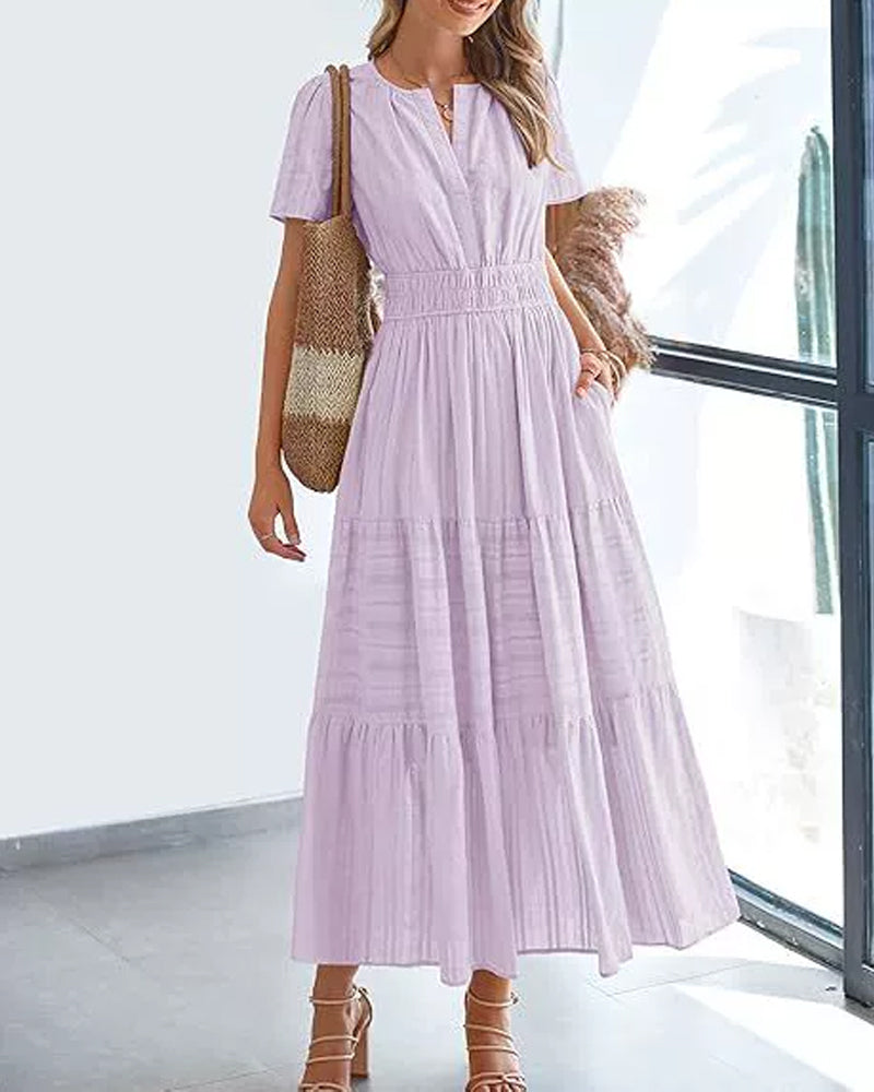 V-Neck Shirred Puff Sleeve Short Sleeve Dress