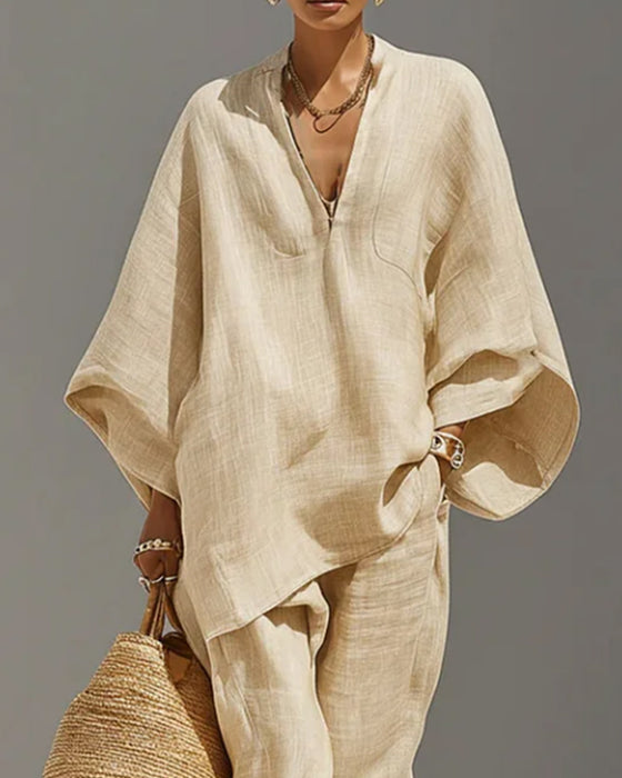 V-Neck Relaxed Sleeve Casual Set