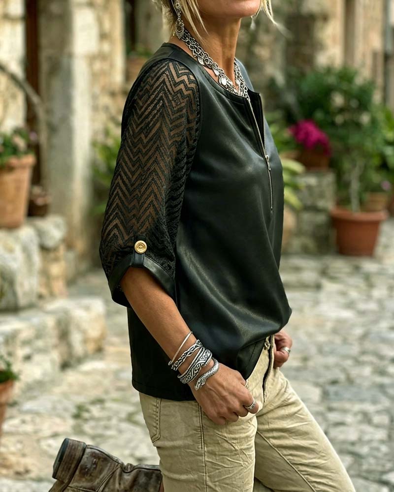 Crew Neck Zip Fashion Top