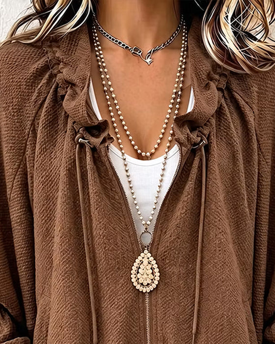 Textured Loose Zippered Pleated Coat