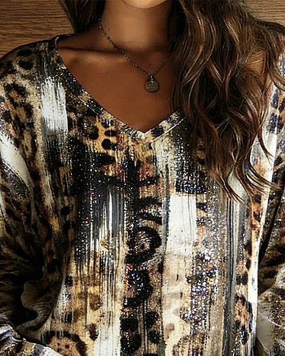 V-Neck Leopard Print Gradient Long Sleeve T-Shirt