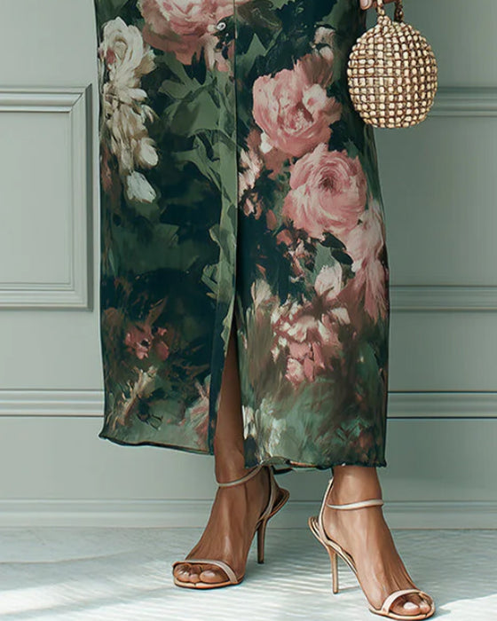 Sleeveless Floral Stand Collar Shirt Dress