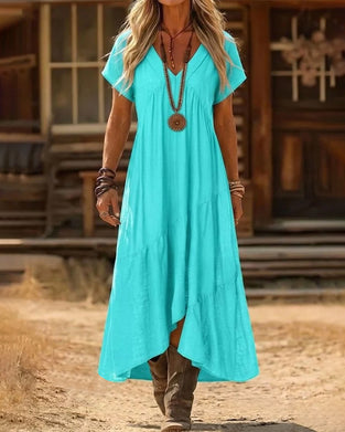 V-Neck High Waist Full Skirt Solid Dress