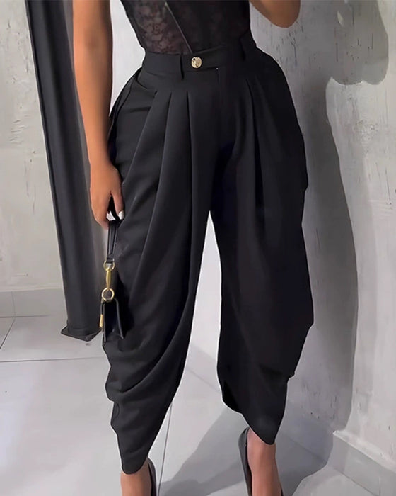 Casual Solid Paperbag Pocket Cropped Pant