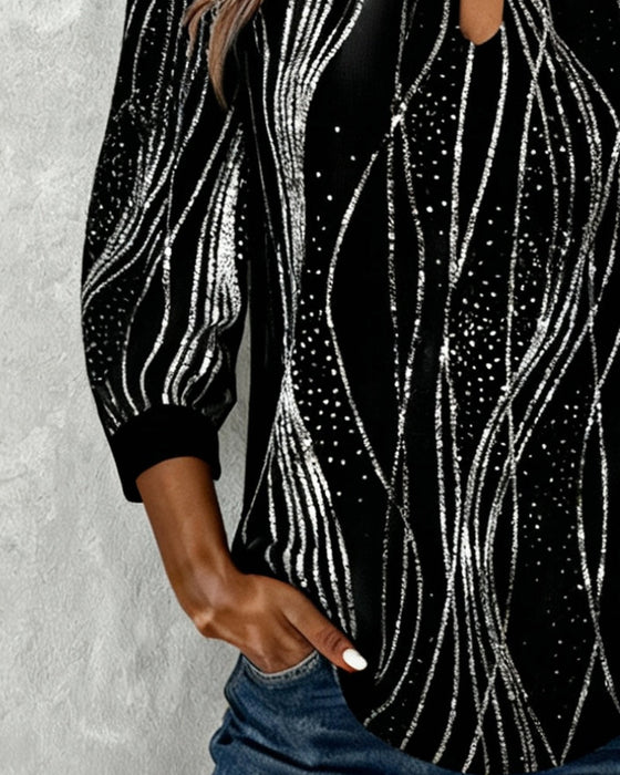 Fashionable Line Print Hollow Neck Top