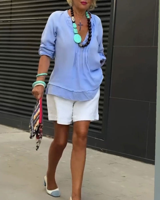 V-Neck Smocked Panel Relaxed Blouse
