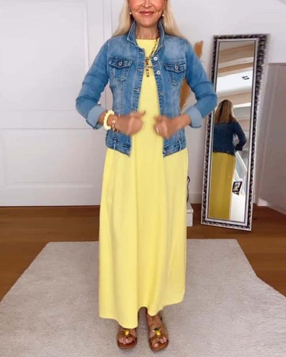 Casual Round Neck Solid Color Straight Dress