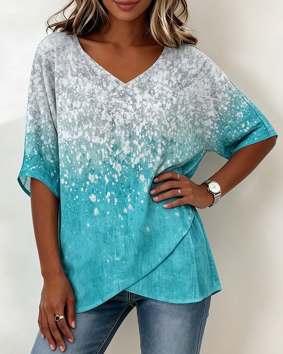 V-Neck Snowflake Gradient Hem Irregular T-Shirt