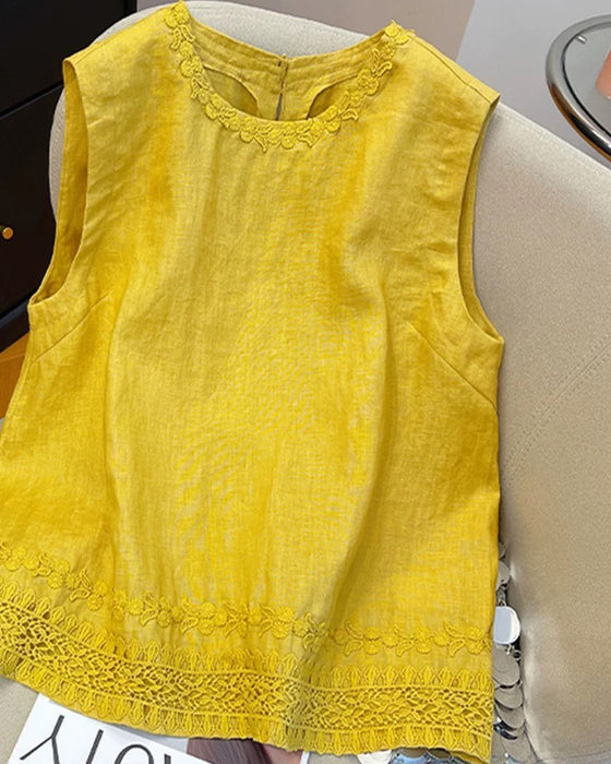 Round Neck Embroidered Trim Tank Top