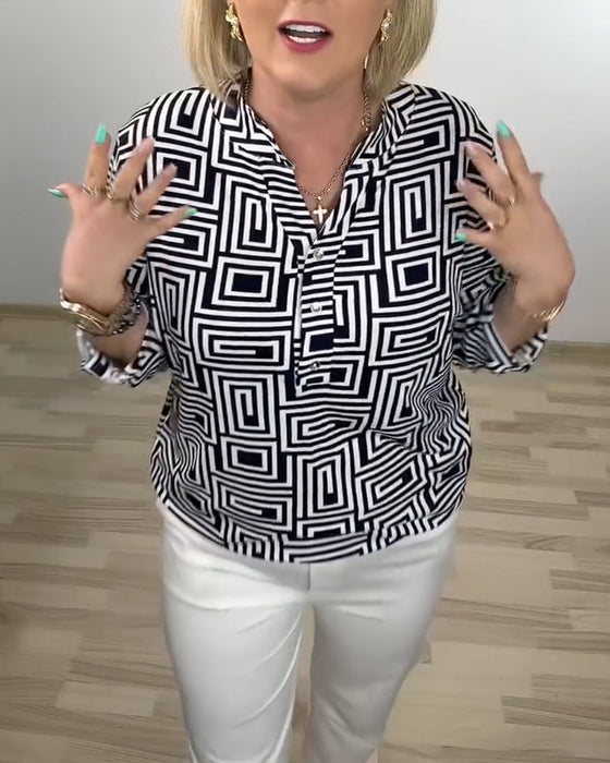 Geometric Semi-Open Collar Three-Quarter Sleeve Shirt