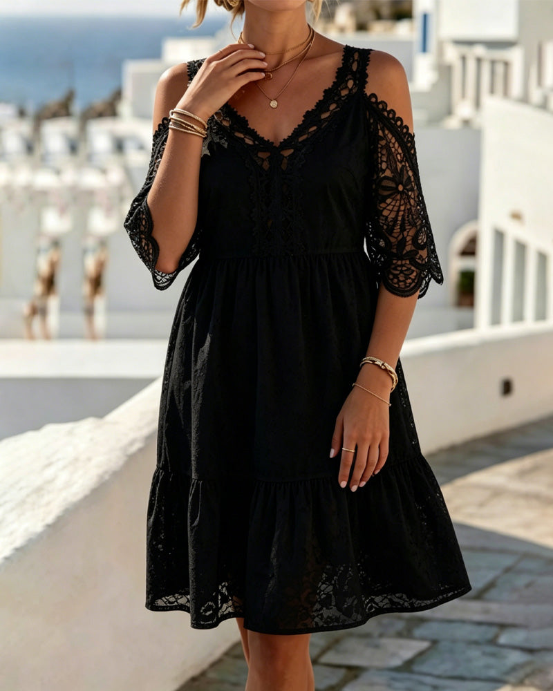 Lace Off-Shoulder Tiered Short Dresses