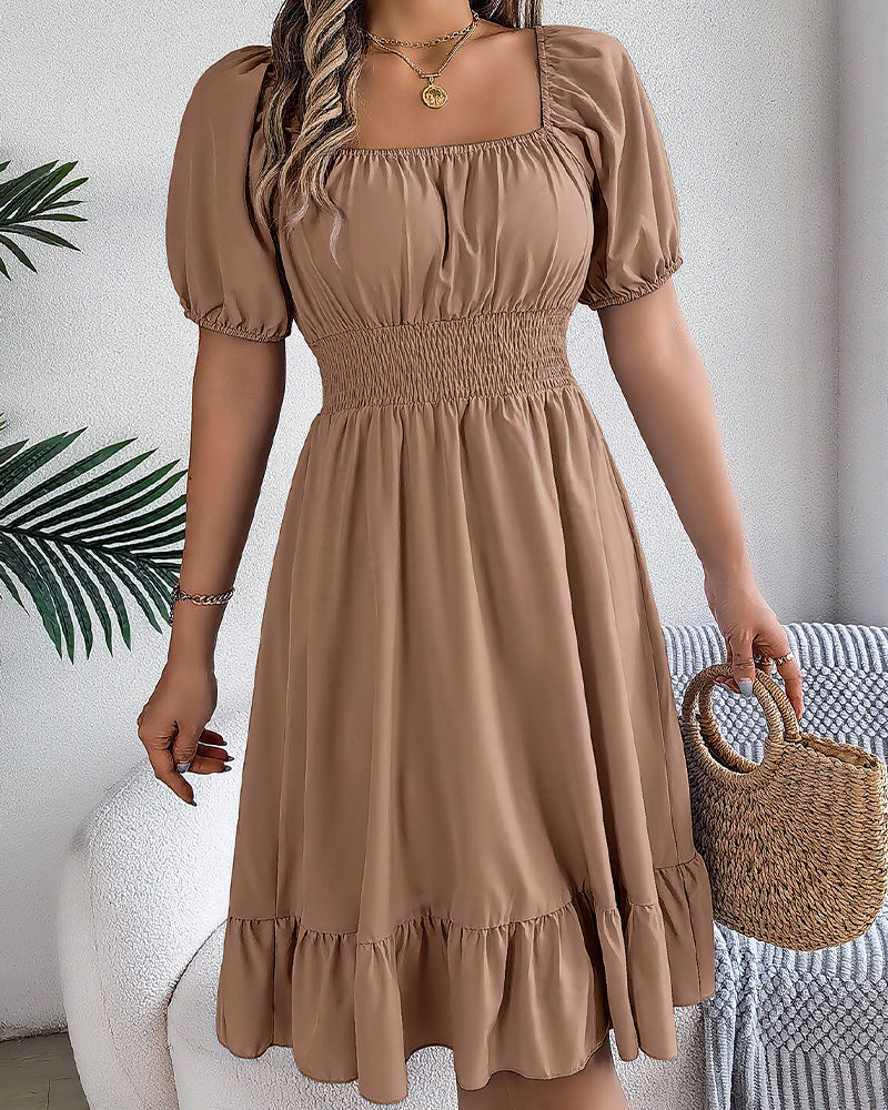 Square Neck Cinched Waist Ruffle A-Line Dress