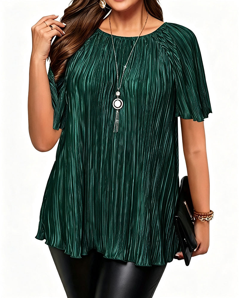 Plus Size Solid Pleated Short Sleeve T-Shirt