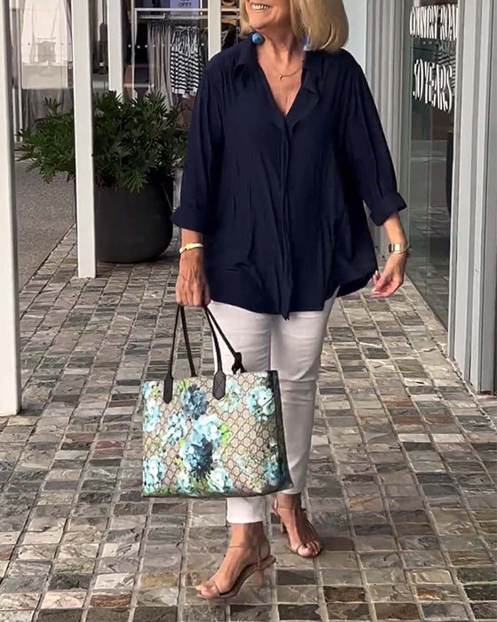 Lapel solid color loose blouse