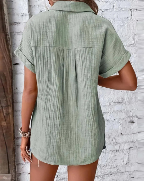 Textured Pleated Short Sleeve Lapel Shirt