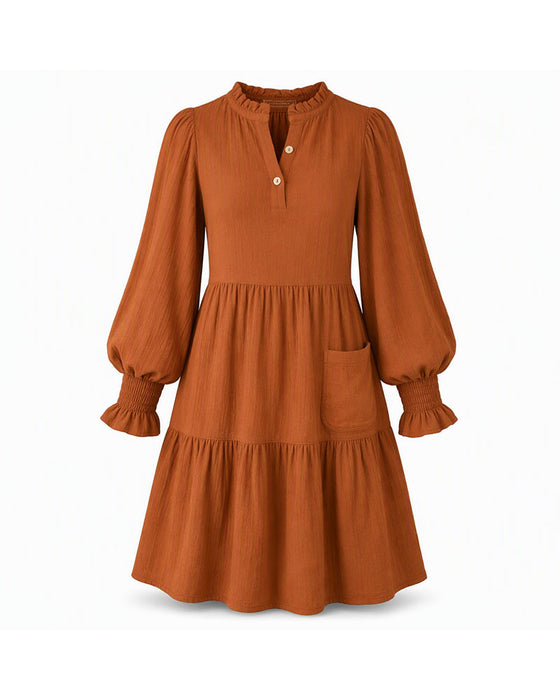 V-Neck Puff Sleeve Tiered Dress