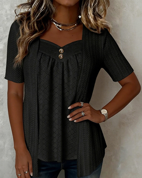Faux Layered Square Neck Hollow Out Patchwork Blouse