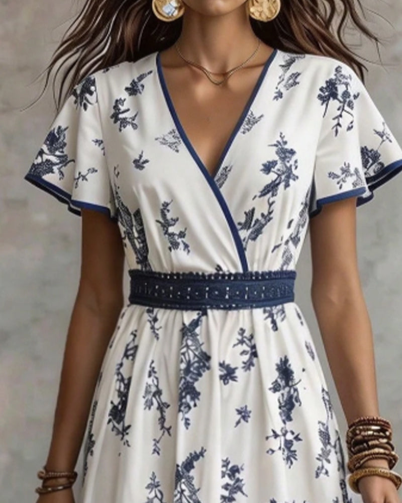 V-Neck Cinched-Waist Floral Maxi Dress