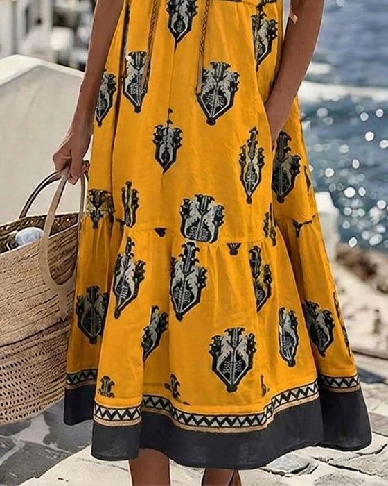 Ethnic Print Tie Sleeveless Long Dresses