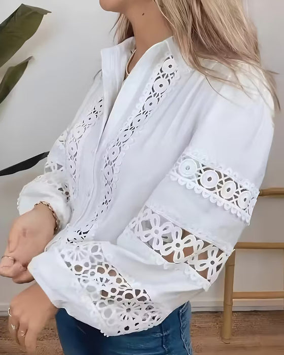 Fashionable Lace-Trimmed Collared Shirt