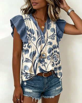 Floral Print Small Flutter Sleeve Blouse