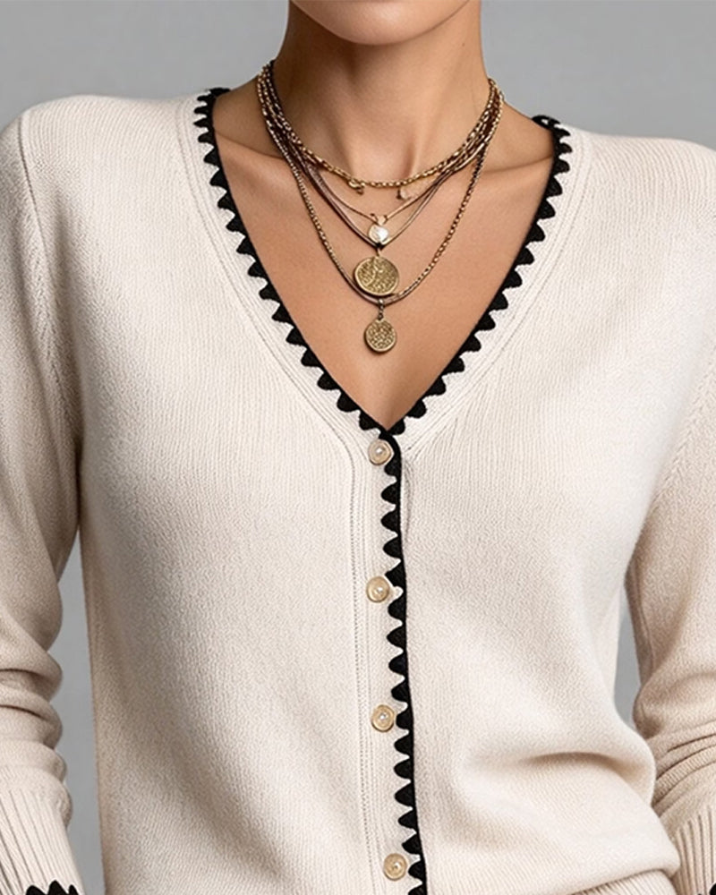 V-Neck Button-Down Contrast Cardigan