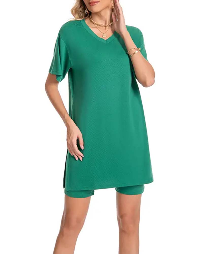 V-Neck Side Split Short Sleeve Set